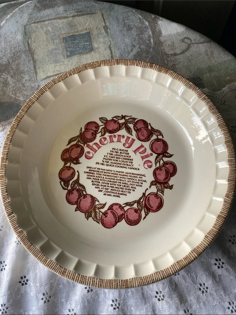 Vintage Cherry Pie Recipe Ceramic Stoneware Pie Plate Dish Made in USA